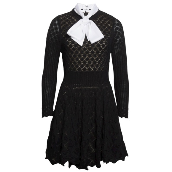 NWT Alice + Olivia Gin Pointelle Lace Knit Dress With Bow In Black Size S - Picture 3 of 12